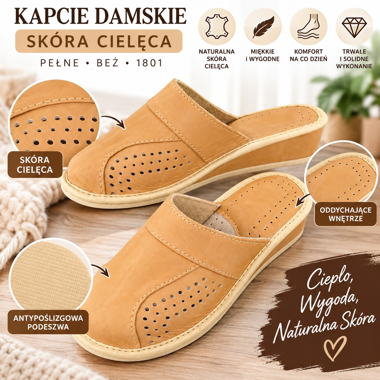 Kapcie damskie ze skóry cielęcej beżowe 1801 – wygodne skórzane pantofle
